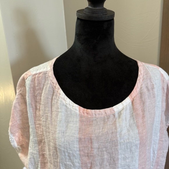 C&C California Stripe Pink White Button Back 100% Linen Blouse‎ Cap Sleeve Shirt - Picture 3 of 7